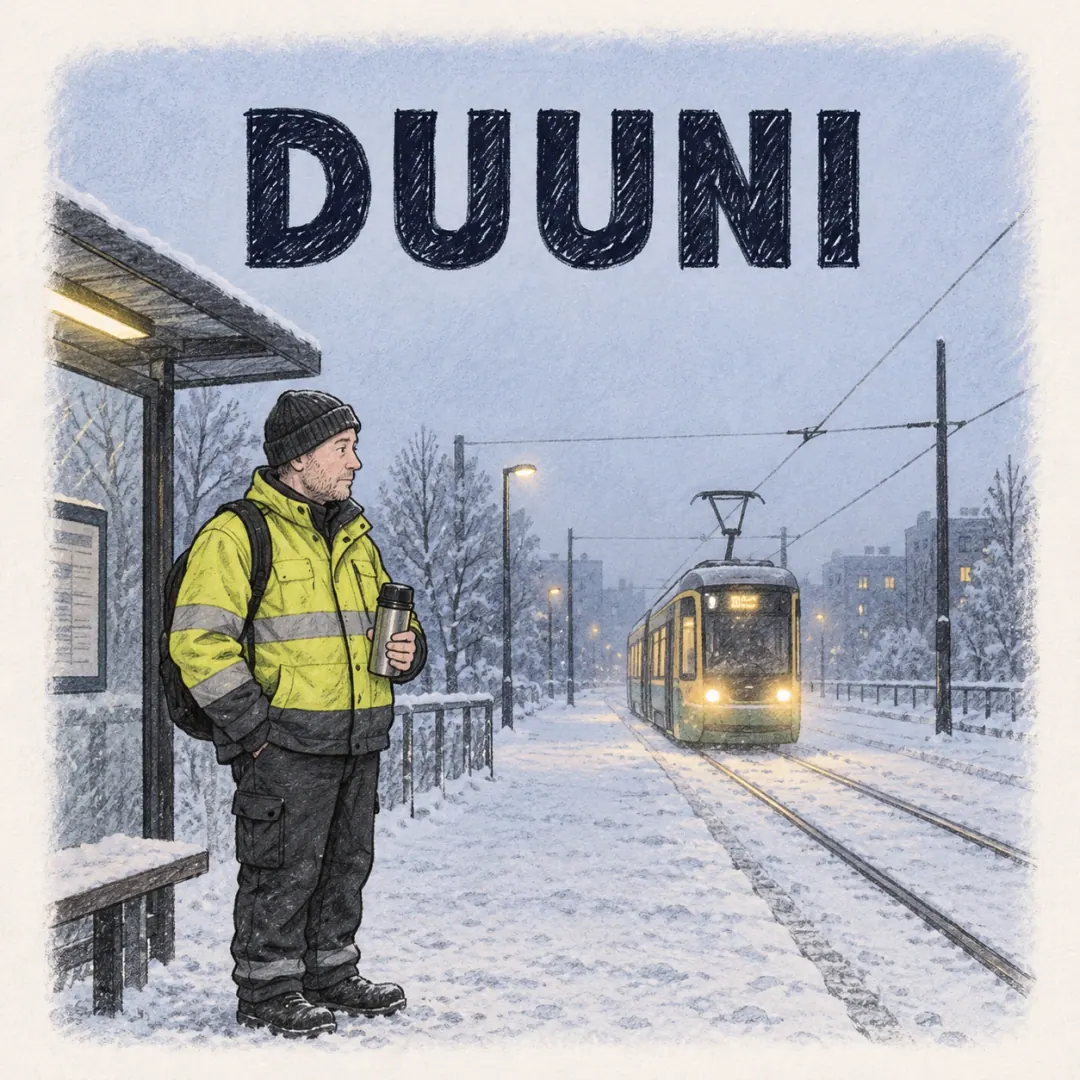 duuni - a man in a reflective work jacket waiting early at a snowy Finnish tram stop with a thermos, a lit tram coming through the blue pre-dawn