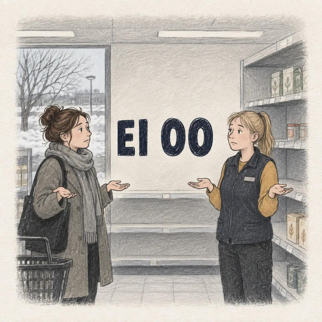 ei oo - a shop assistant and a customer both shrugging in front of a half-empty shelf in a Finnish supermarket