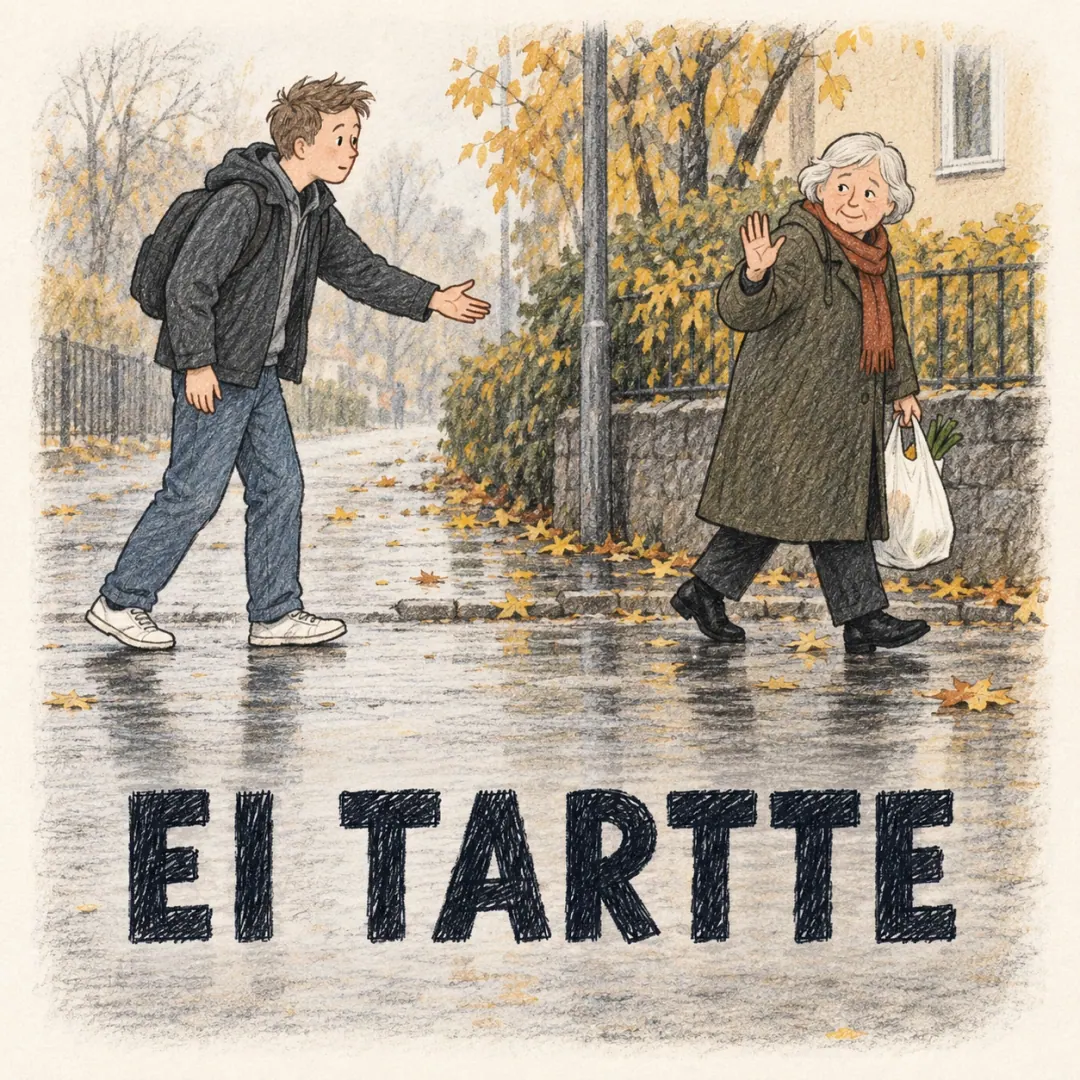 ei tartte - an older woman waving away a young man's offer to carry her shopping bag on a wet autumn pavement in Finland
