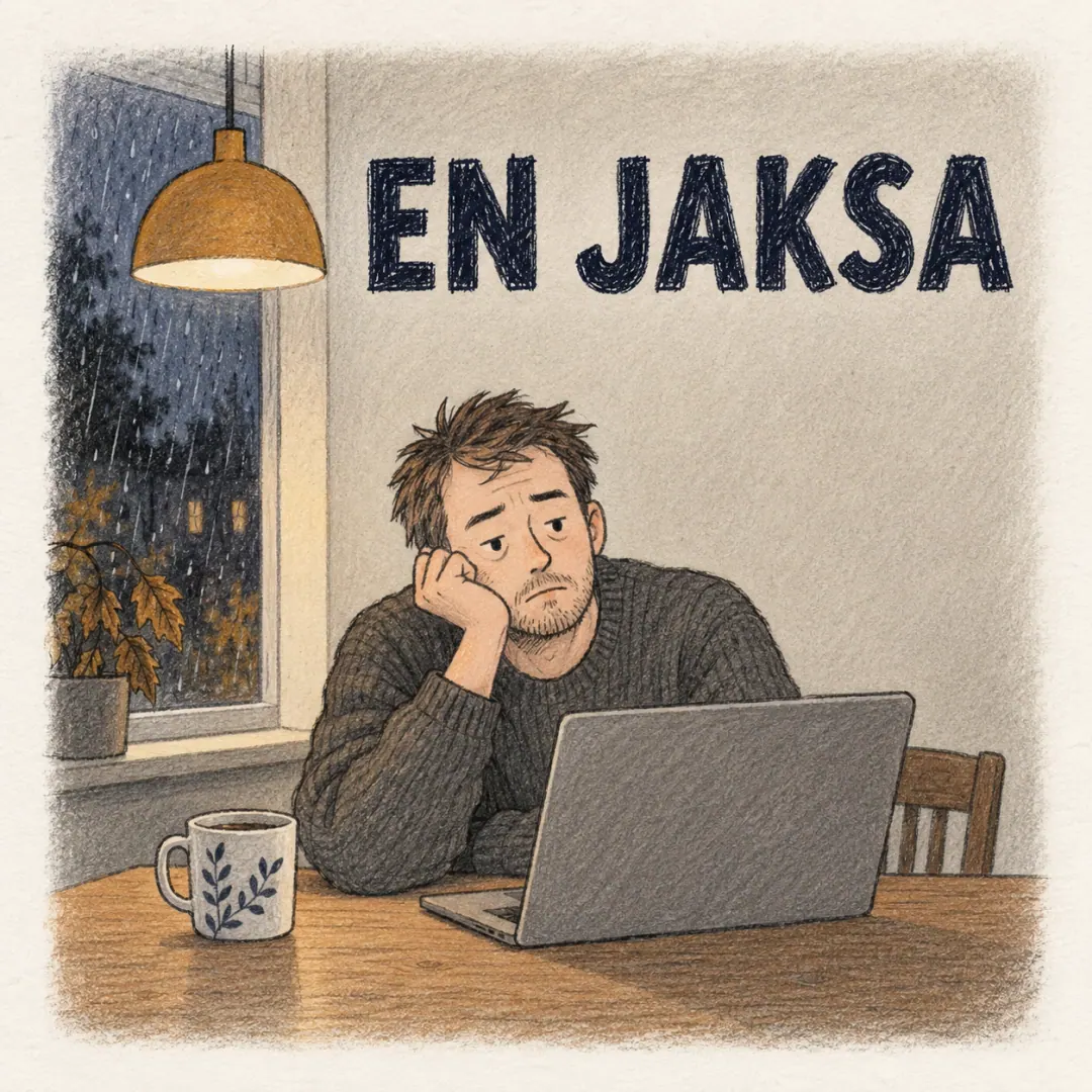 en jaksa - a man slumped at a Finnish kitchen table in front of a laptop under warm lamplight, rain on the dark window behind him