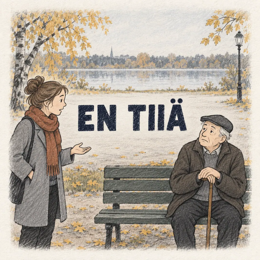 en tiiä - an older man on a Finnish park bench shrugging at a question with both hands on his walking stick, yellow leaves around him