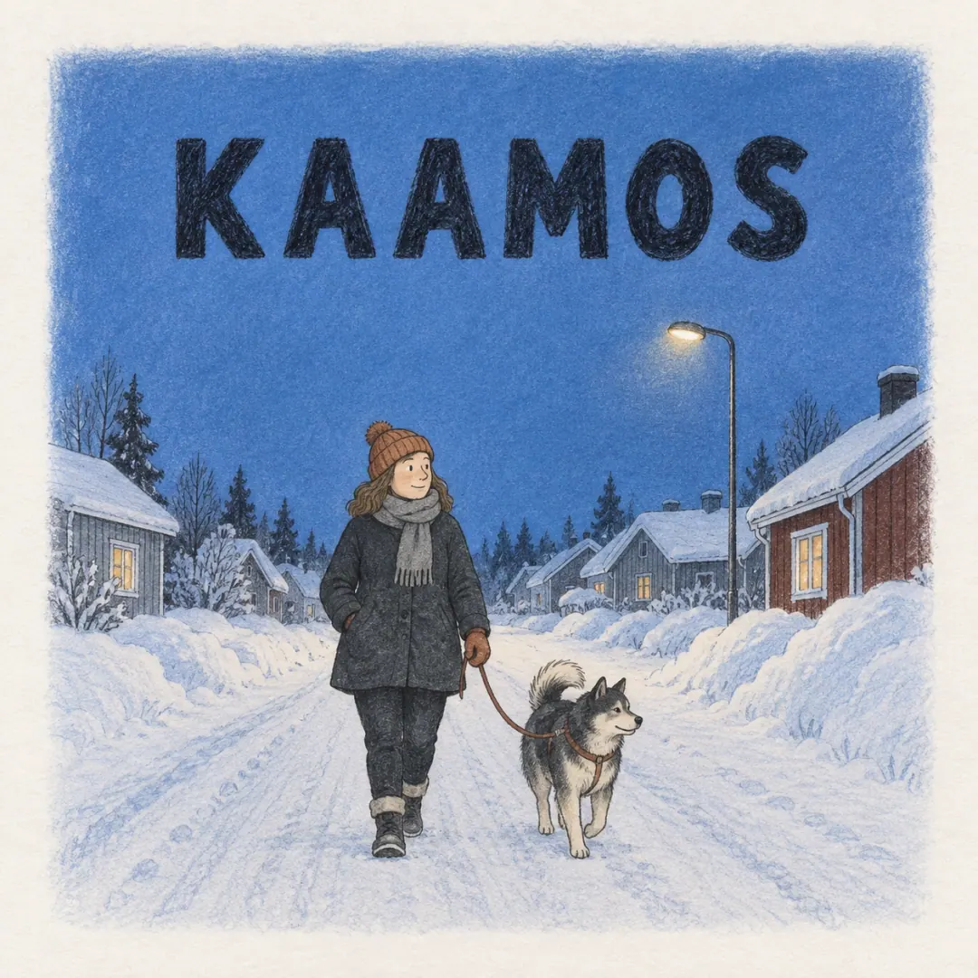 kaamos - a woman walking a dog along a snowy road at midday under the deep blue sky of the Finnish polar night, a street lamp already lit