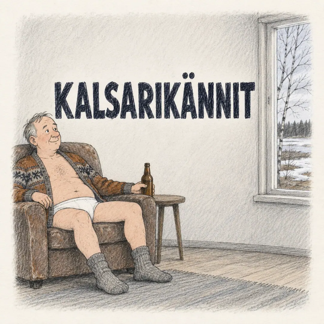 kalsarikännit - a man in a knitted cardigan and underwear in an armchair with a beer, thawing spring fields through the window